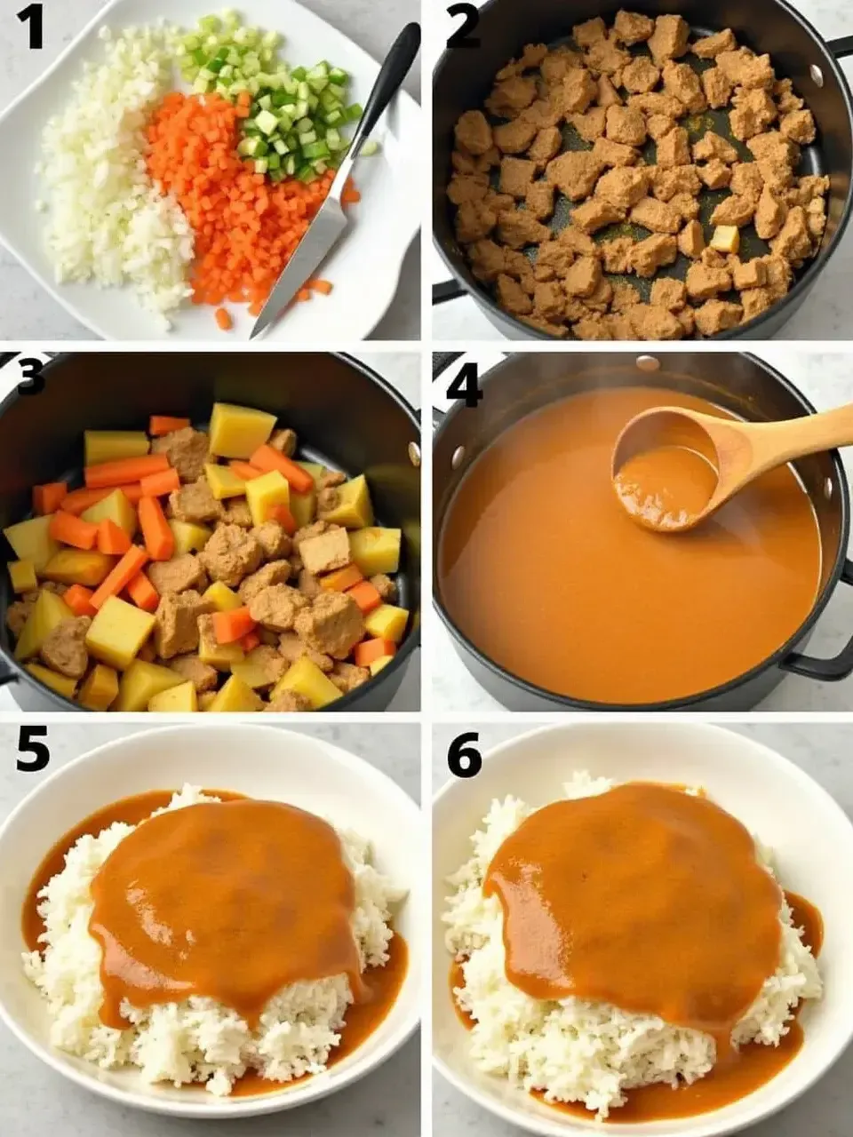 Step-by-step recipe for Japanese curry rice showing ingredients and cooking process.