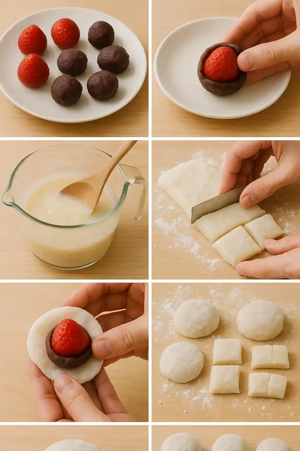 Homemade cherry dumplings served with sour cream and fresh mint on a white plate.