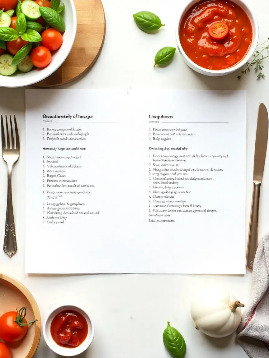 Side-by-side view of messy handwritten recipe notes and a clean, professional printed recipe layout with cooking elements.