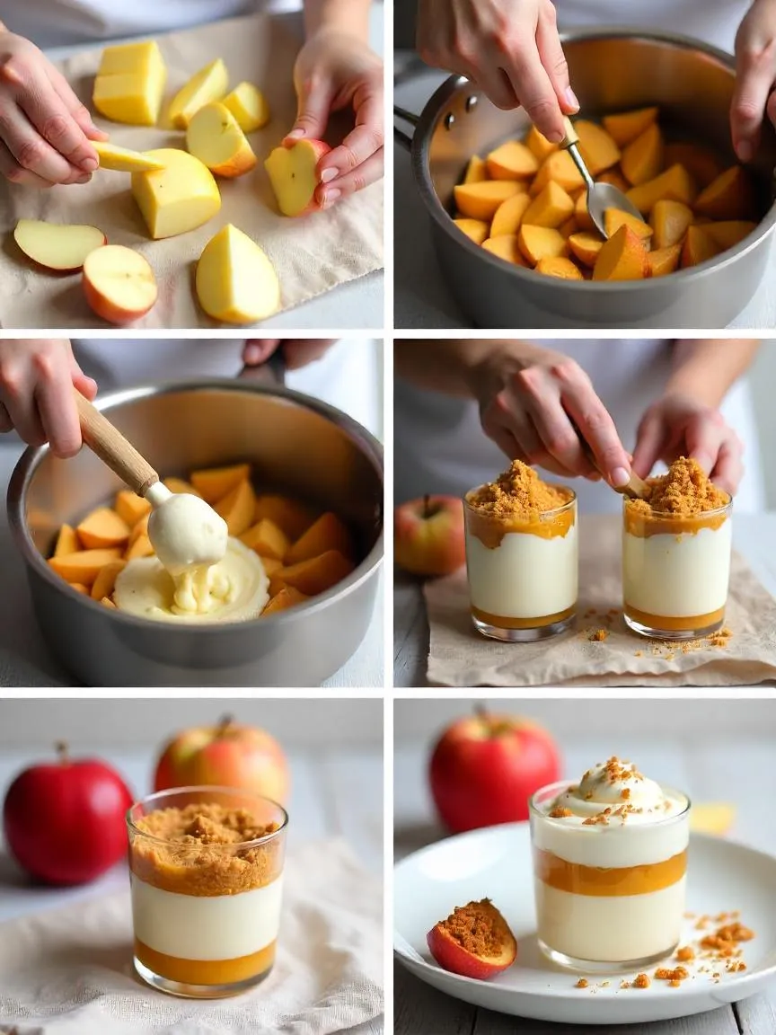 Step-by-step preparation of æblekage with chopped apples, toasted breadcrumbs, and whipped cream.