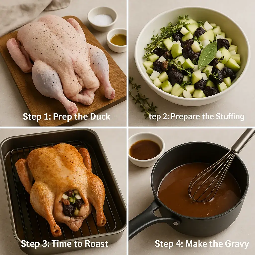 Step-by-step recipe for traditional Danish juleand roast duck with apples, prunes, and herbs.