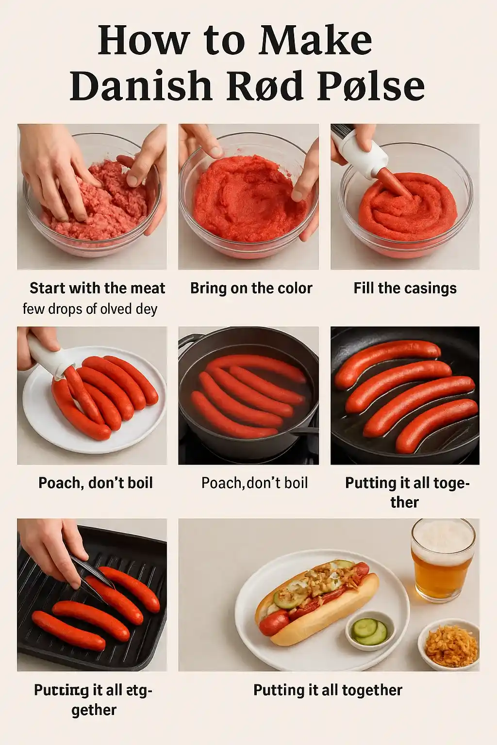 Step-by-step recipe for Danish red sausage hot dog with ingredients and cooking instructions.