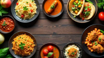 International food spread with pasta, curry, tacos, butter chicken, and sushi on a wooden table with fresh ingredients.