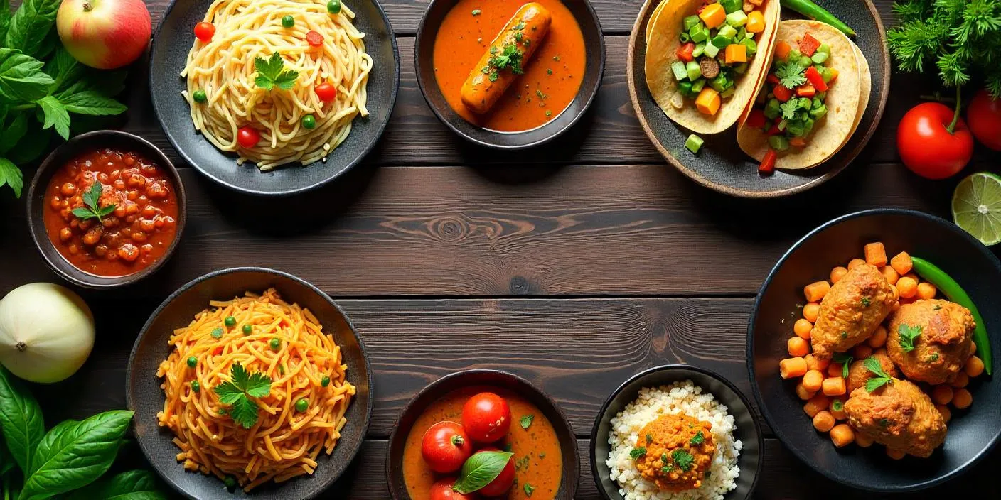 International food spread with pasta, curry, tacos, butter chicken, and sushi on a wooden table with fresh ingredients.