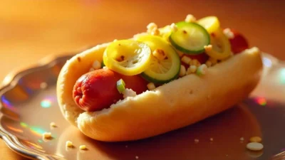 A gourmet Danish hot dog with a bright red sausage in a toasted bun, topped with pickled cucumbers, crispy onions, remoulade, and mustard.