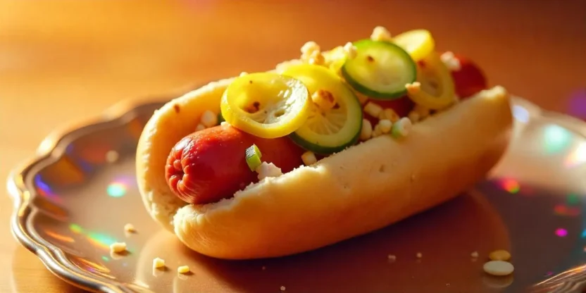 A gourmet Danish hot dog with a bright red sausage in a toasted bun, topped with pickled cucumbers, crispy onions, remoulade, and mustard.