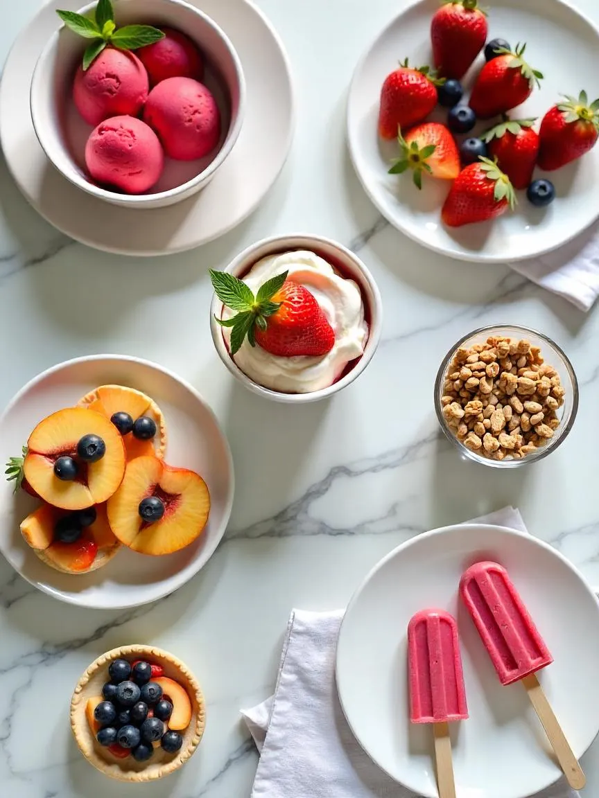 Chilled summer desserts including berry sorbet, yogurt parfaits, fruit salad, and peach tarts on a bright table, styled for warm June days