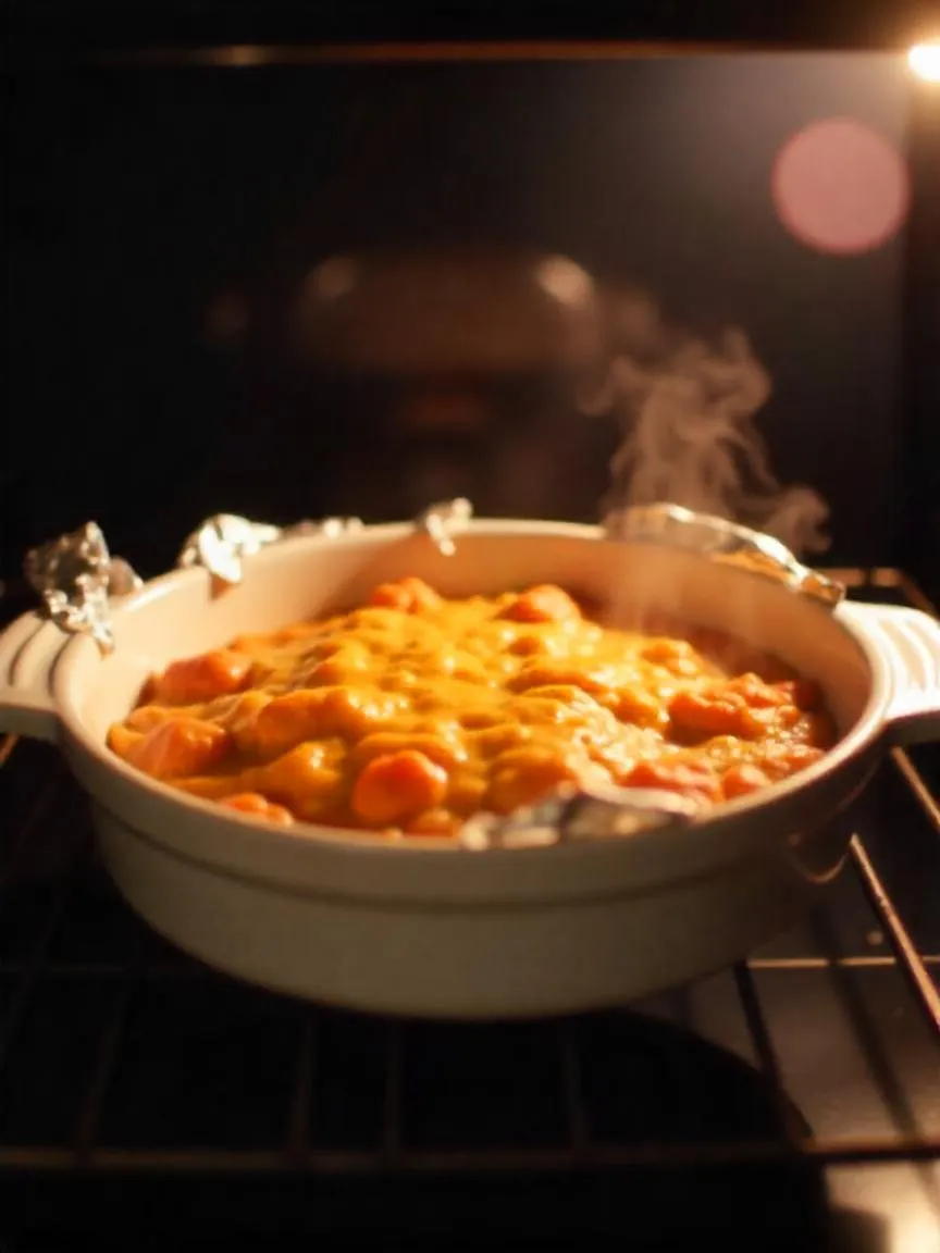 A foil-covered casserole dish warming in an oven, with steam escaping gently from the sides. 