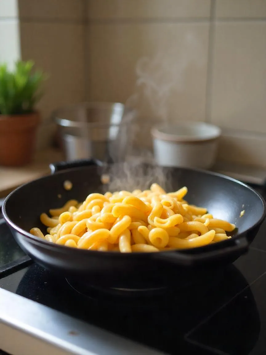 A pan of pasta reheating on the stove with visible steam, and a small cup of water next to the skillet, in a cozy kitchen setting. 
