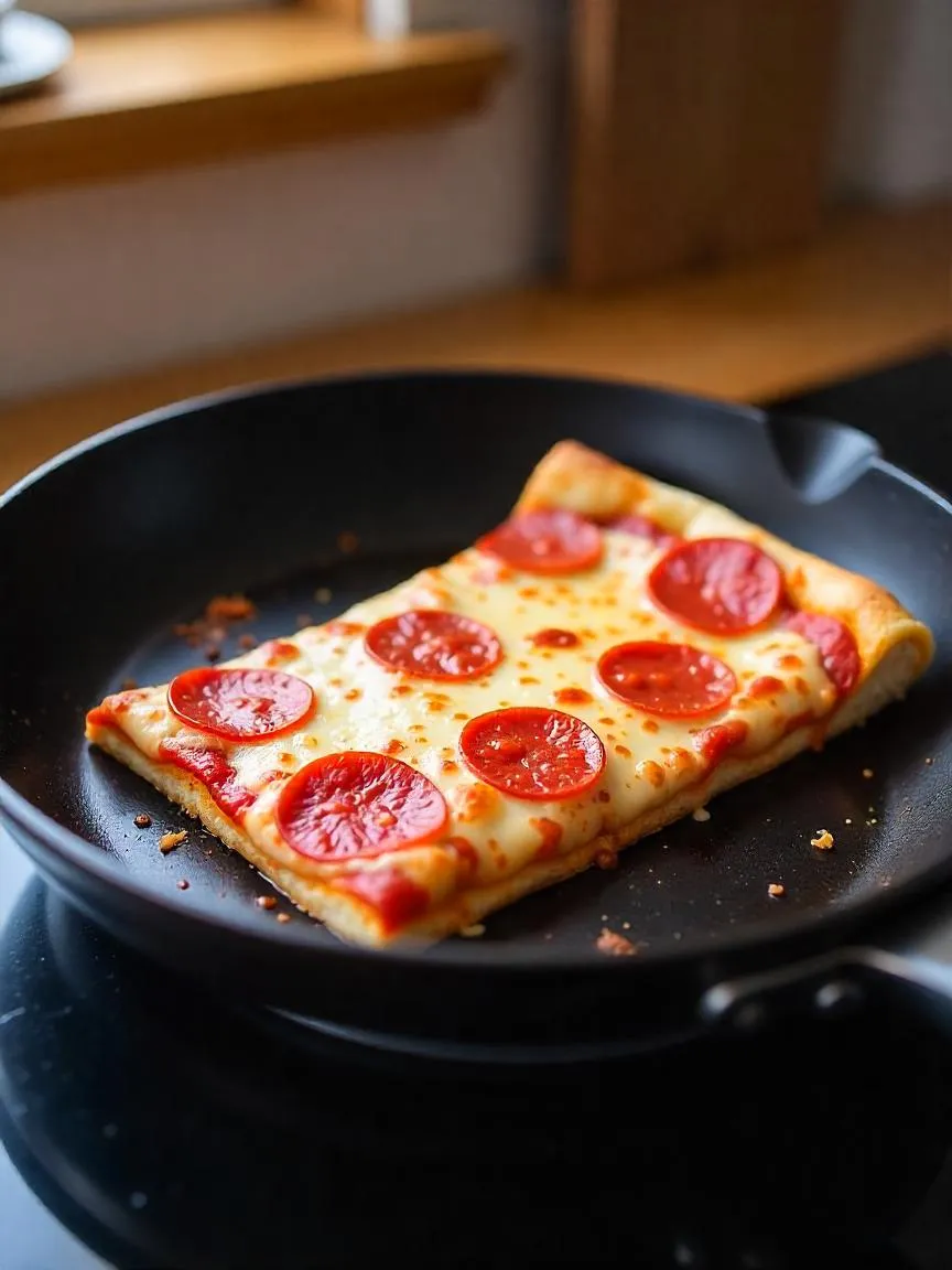 A slice of pizza reheating in a skillet with a golden, crisp crust and melted cheese, no lid in sight. 
