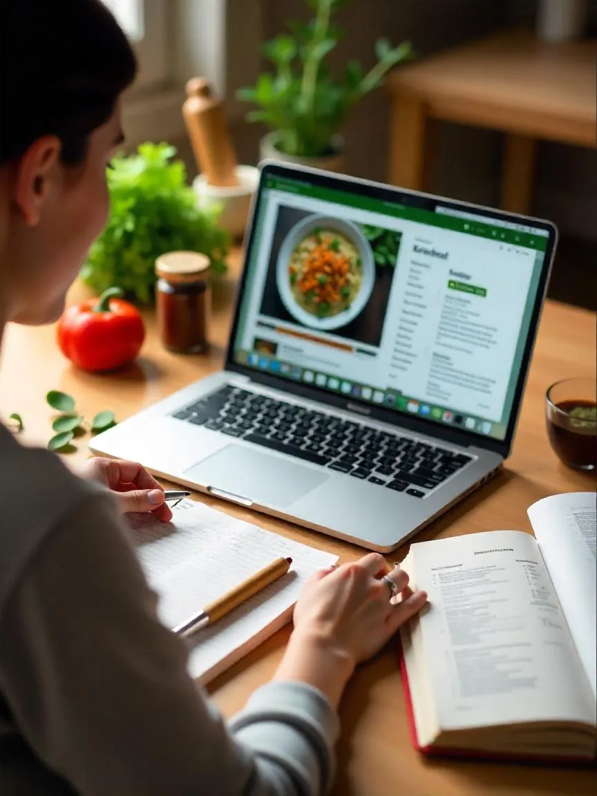 Person researching local cuisine with laptop, cookbooks, recipe notes, and fresh ingredients on a kitchen table.

