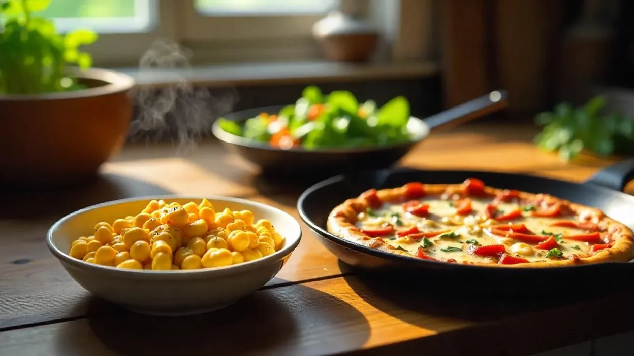 A cozy kitchen counter with revived leftovers including mac and cheese, pizza in a skillet, and greens soaking in ice water, all arranged with soft natural light.
