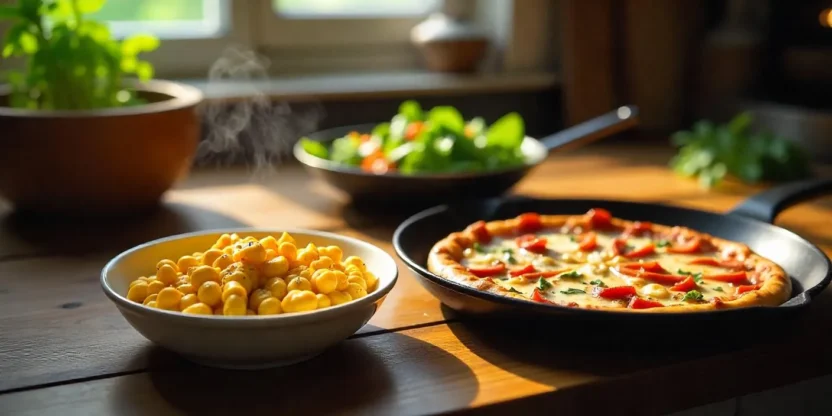 A cozy kitchen counter with revived leftovers including mac and cheese, pizza in a skillet, and greens soaking in ice water, all arranged with soft natural light.