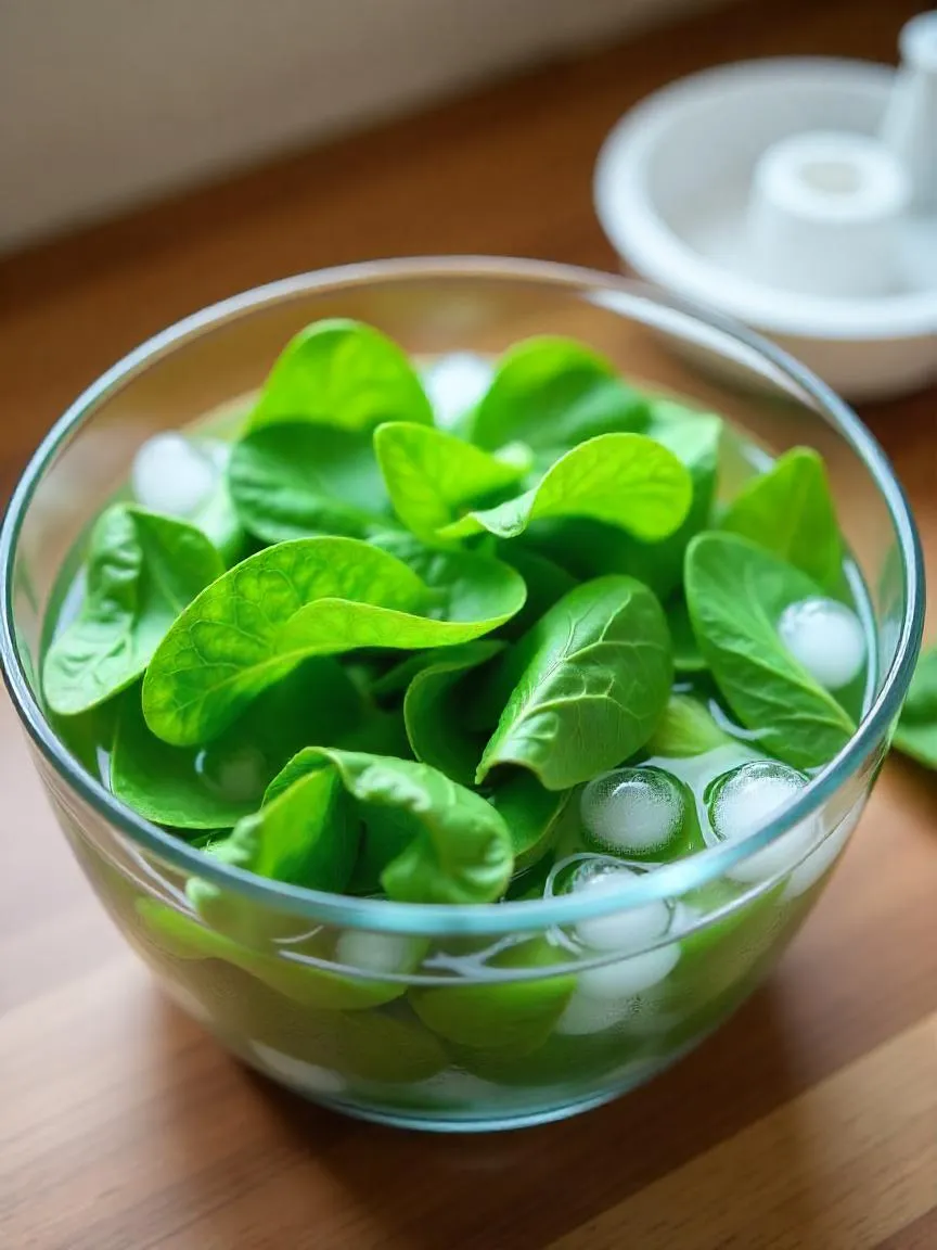 Wilted salad greens soaking in ice water to restore freshness, with ice cubes floating in a glass bowl. 