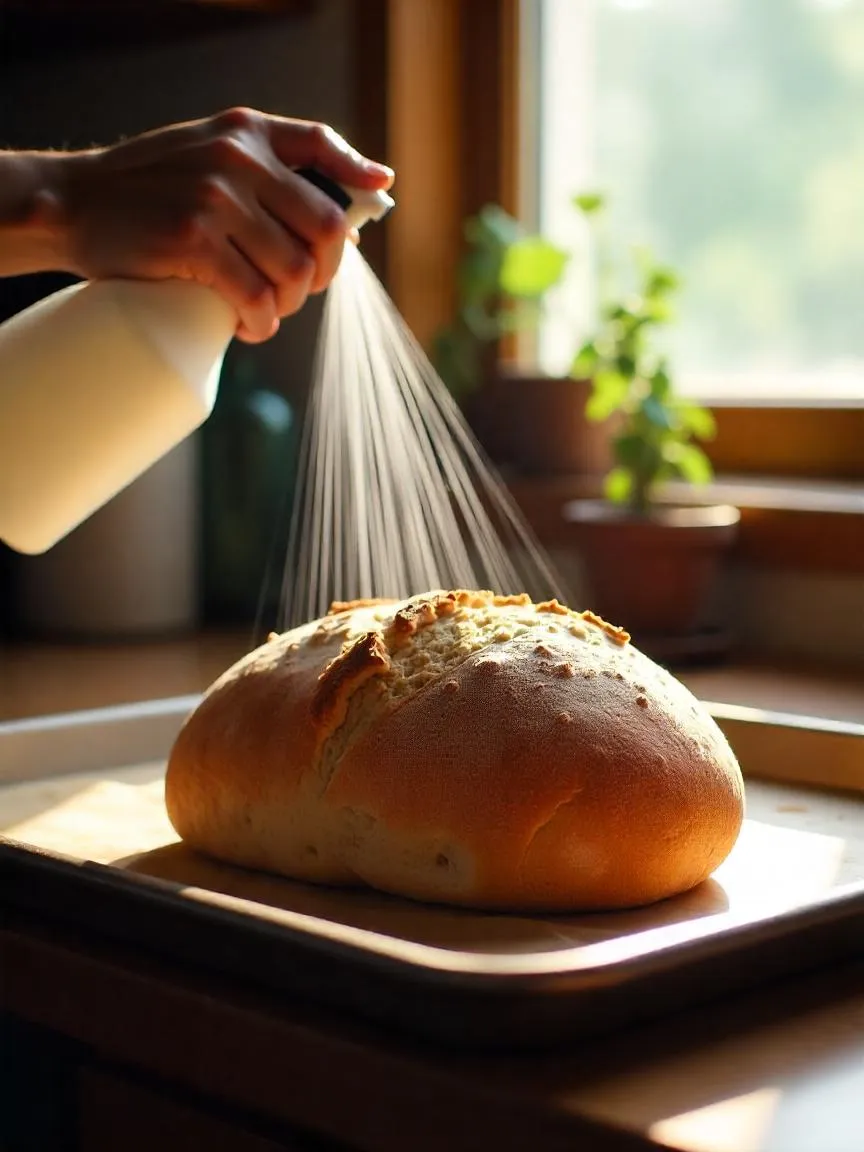A crusty loaf of bread being lightly misted with water on a baking tray before going into a cold oven, with soft lighting in a cozy kitchen. 