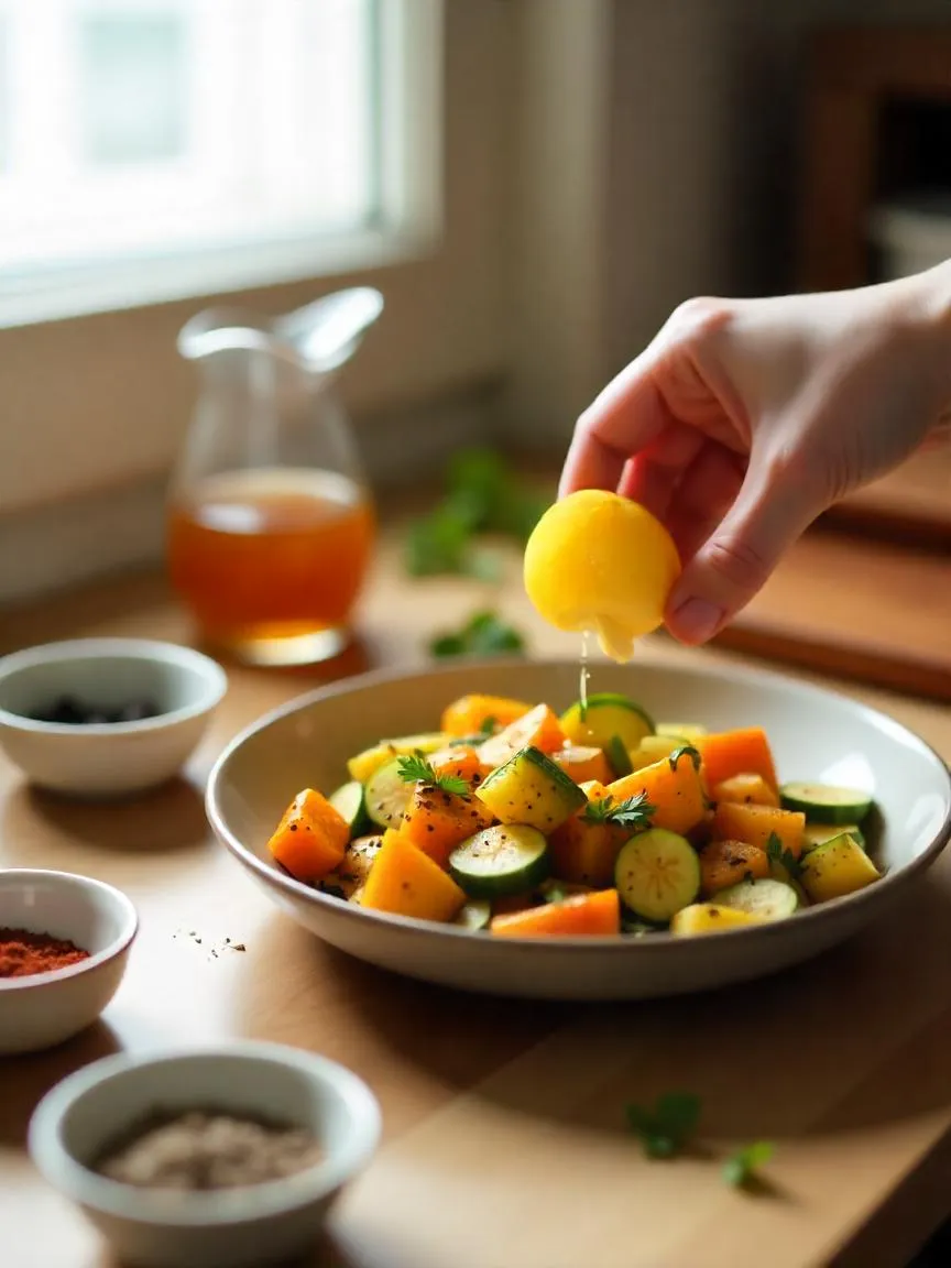 Spices, lemon, and broth on a kitchen counter used to revive leftover food with fresh flavor. 