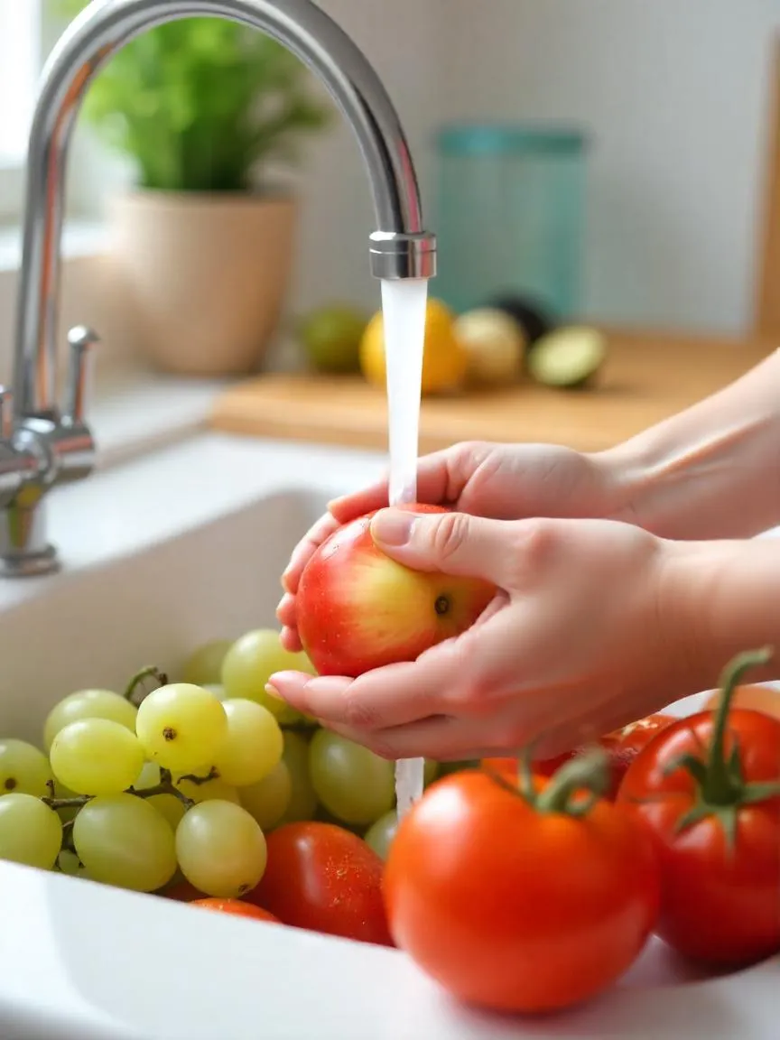 Apples, grapes, and tomatoes being rinsed under cold running water in a kitchen sink with hands gently scrubbing them clean. 