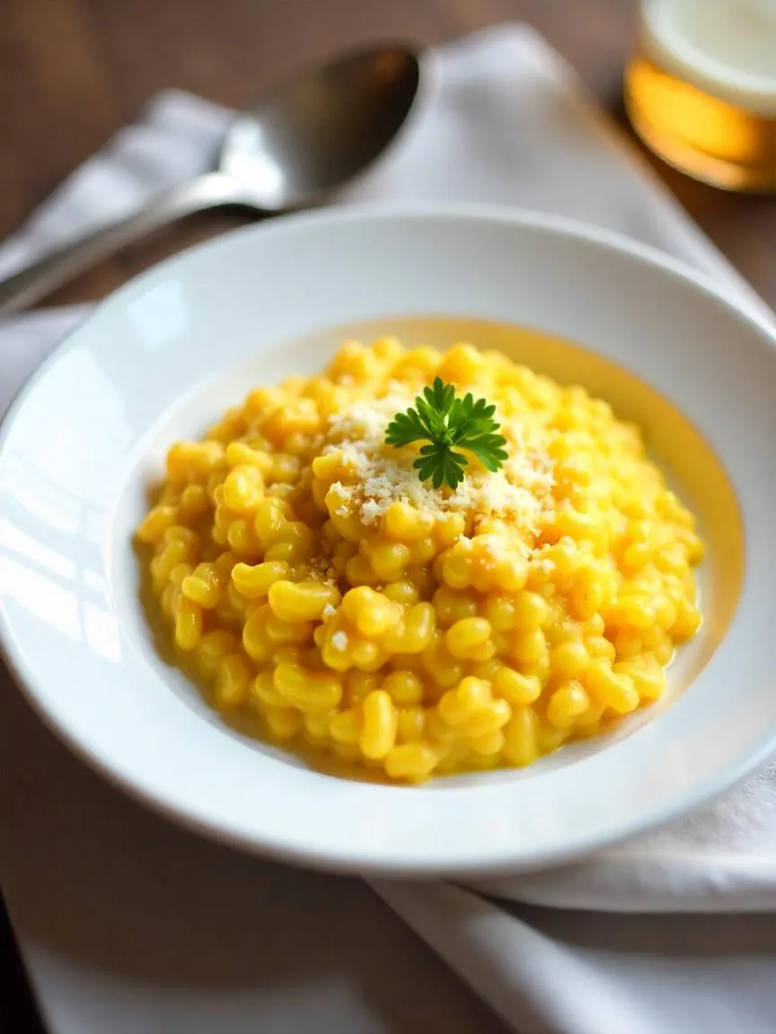 Creamy golden Risotto alla Milanese garnished with Parmesan and parsley.
