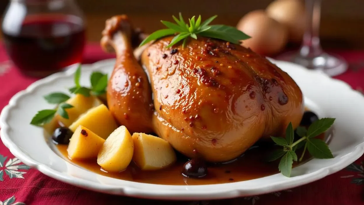 A golden roast duck stuffed with apples and prunes, served on a festive holiday table with caramelized potatoes and braised red cabbage.