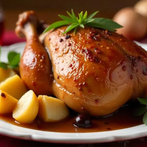 A golden roast duck stuffed with apples and prunes, served on a festive holiday table with caramelized potatoes and braised red cabbage.
