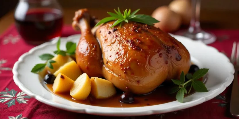 A golden roast duck stuffed with apples and prunes, served on a festive holiday table with caramelized potatoes and braised red cabbage.