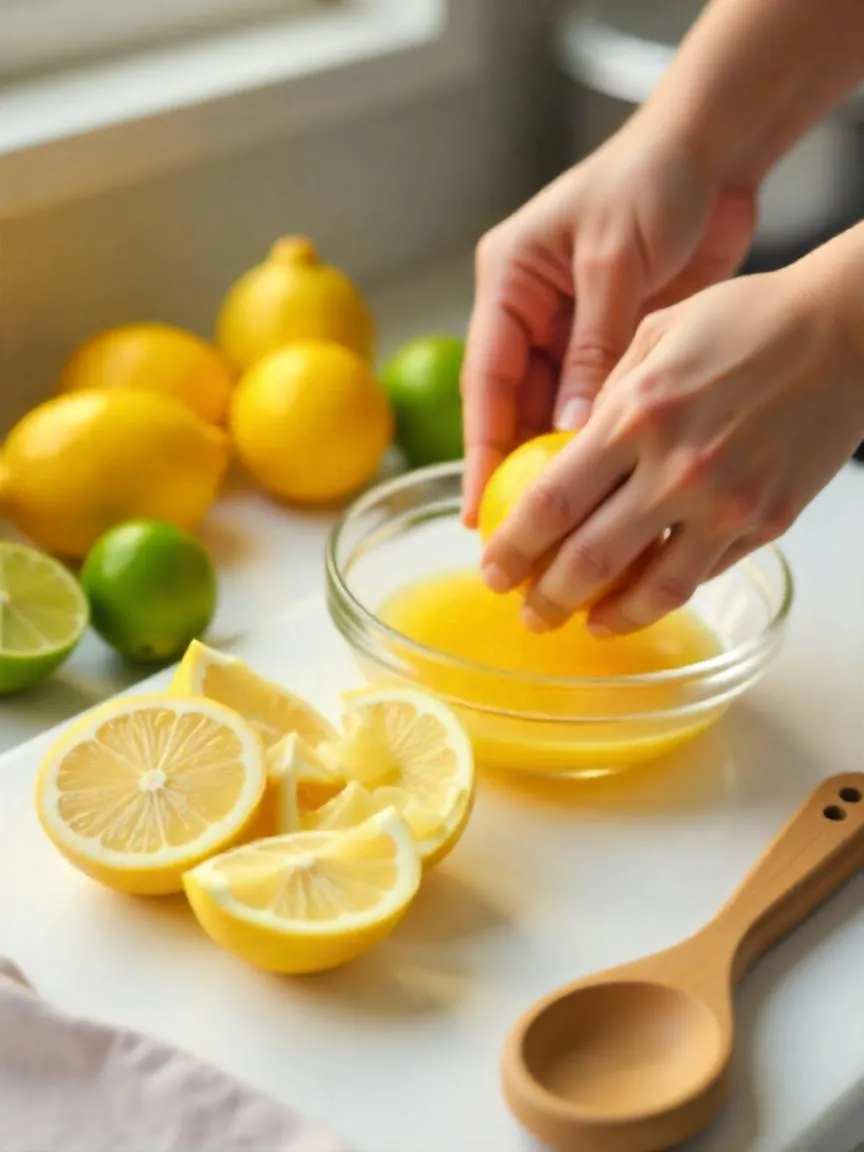 Lemons and limes being rolled on a kitchen counter before cutting, with halved citrus and fresh juice in a small bowl.