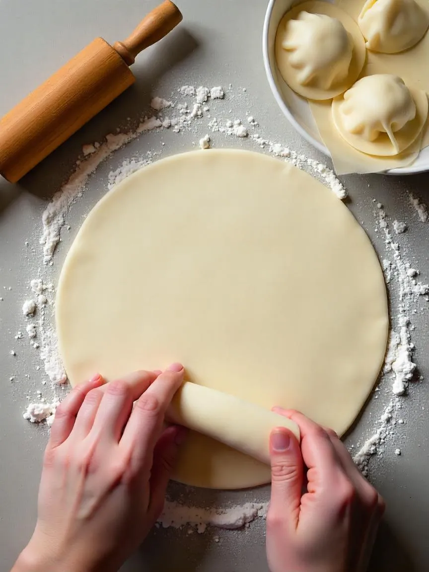 Rolling out dumpling wrappers on a floured surface with a wooden rolling pin and parchment paper nearby.
