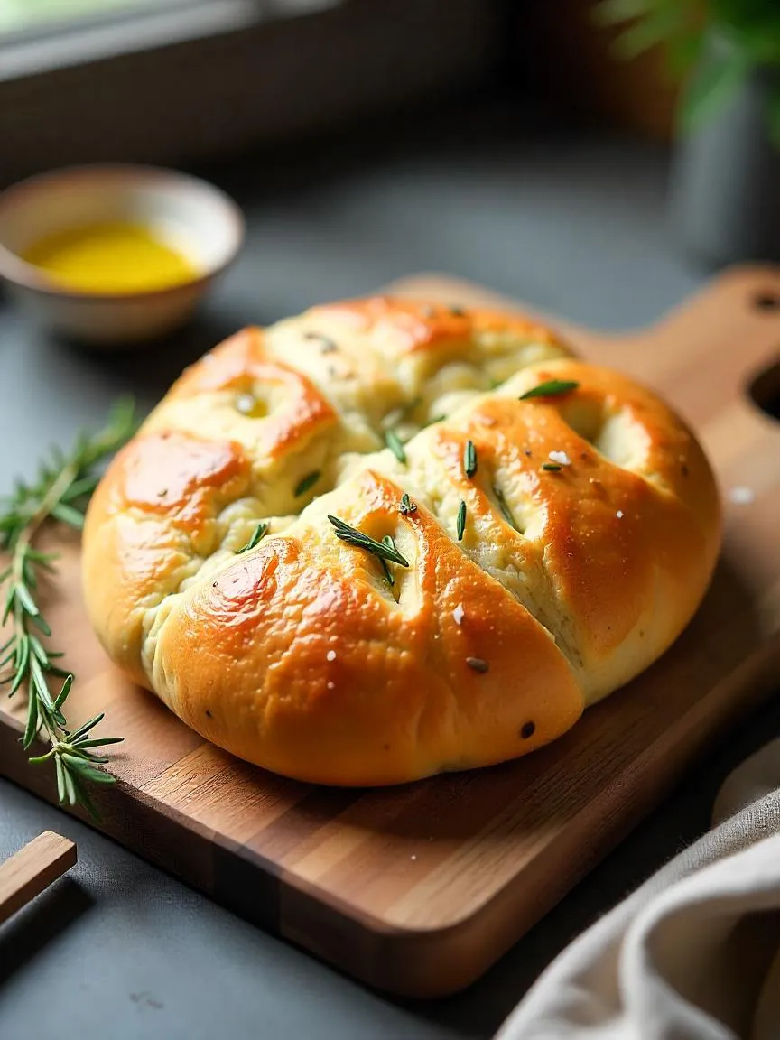 A golden rosemary focaccia bread on a rustic cutting board, topped with olive oil and herbs in a peaceful kitchen setting.