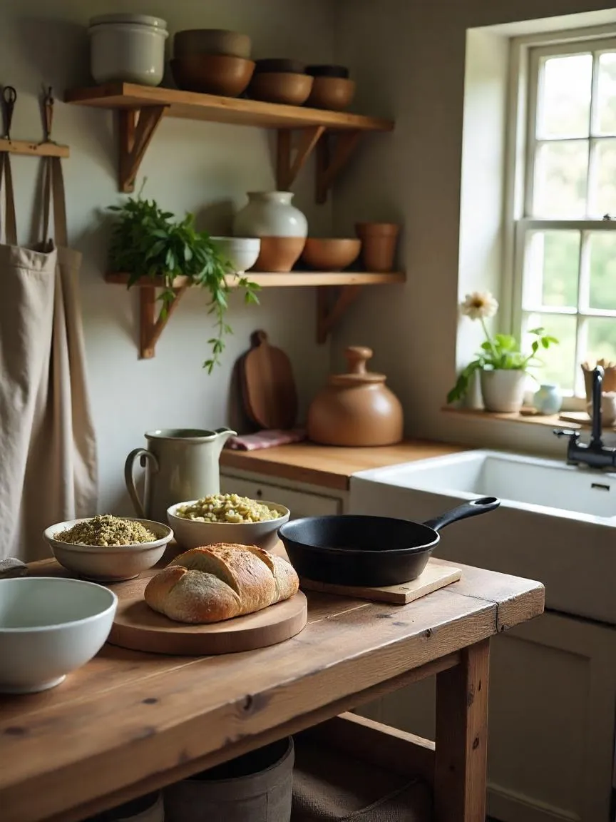 A warm, cottage-style kitchen featuring vintage tools like a cast iron pan, wooden utensils, and ceramic bowls on a wooden table with natural lighting.