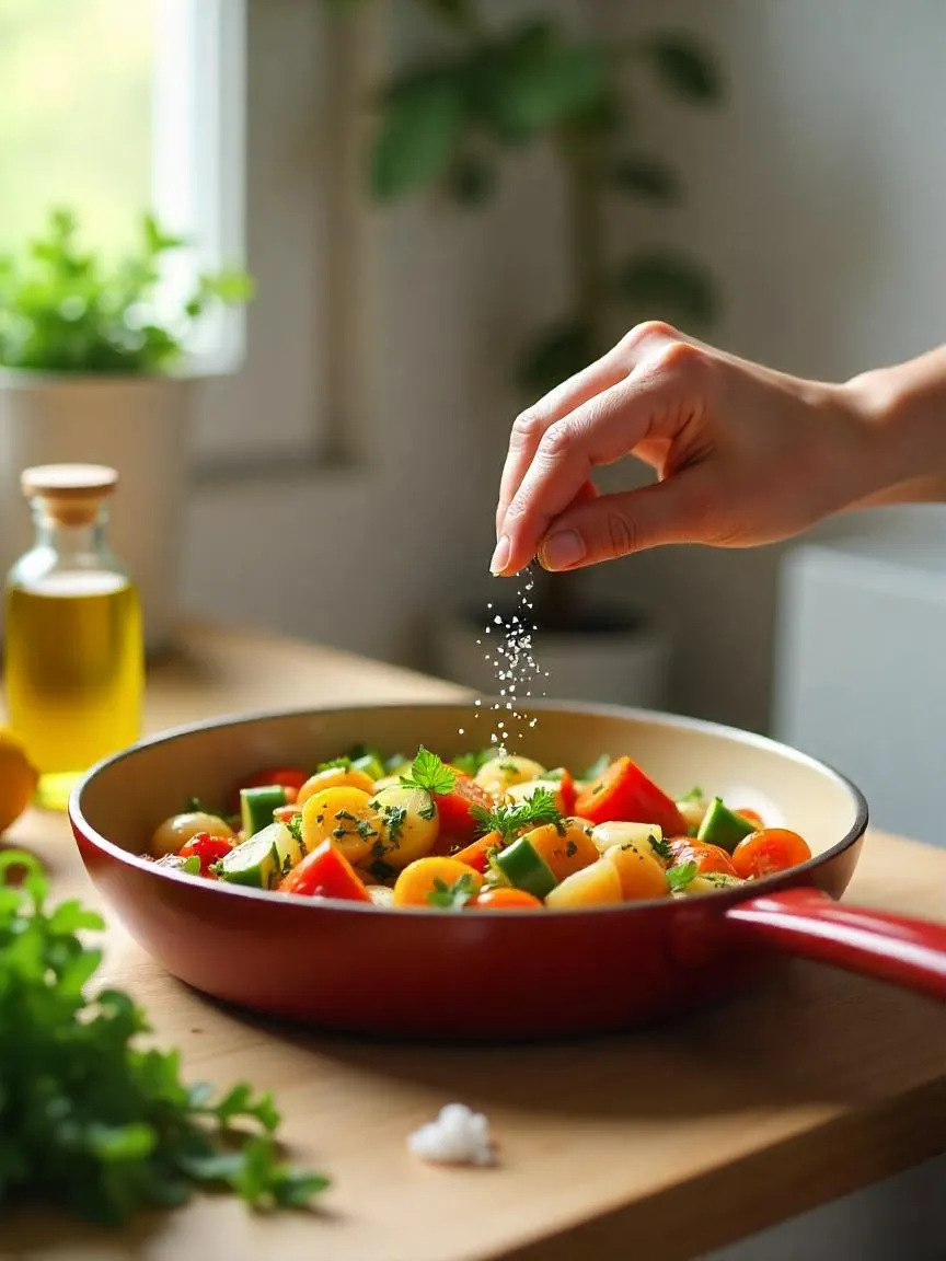 Hand sprinkling sea salt over a pan of vegetables, showing that adding moderate salt while cooking can be part of a heart-healthy diet.