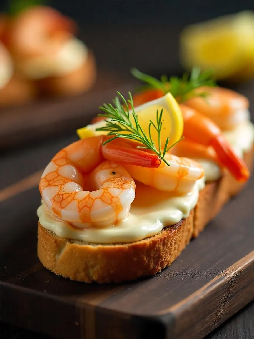 Close-up of a classic Nordic shrimp sandwich served on rye bread with lemon wedges and dill garnish.