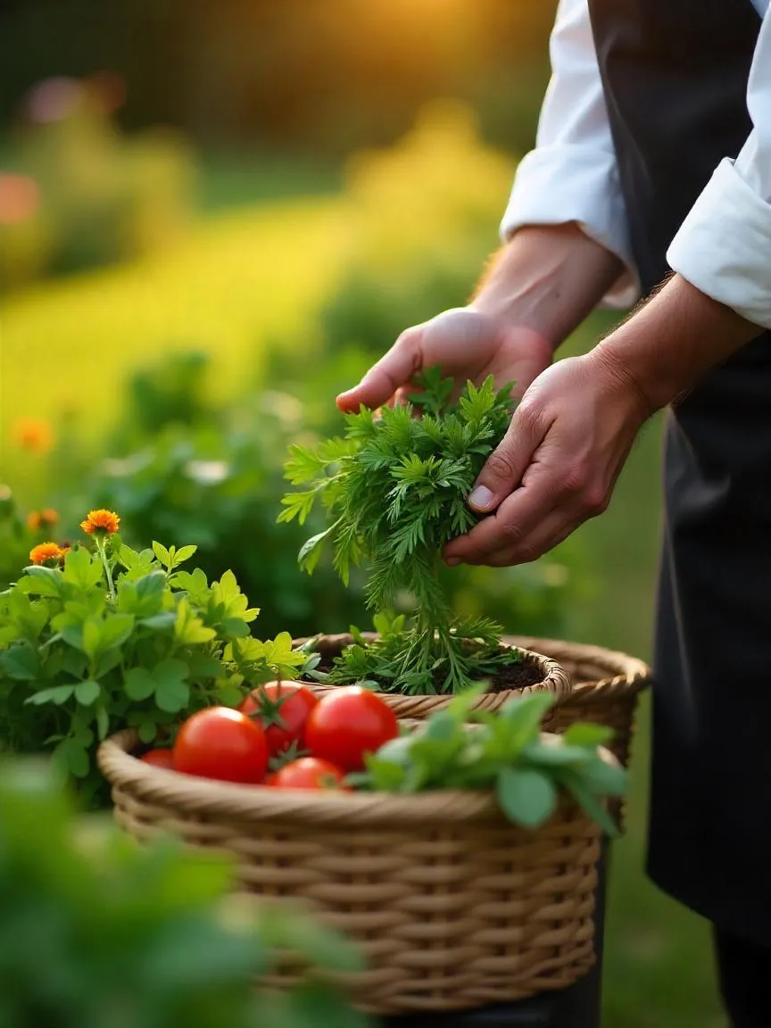 Chef harvesting seasonal vegetables and herbs from a kitchen garden, showcasing fresh high-quality ingredients for fine dining.