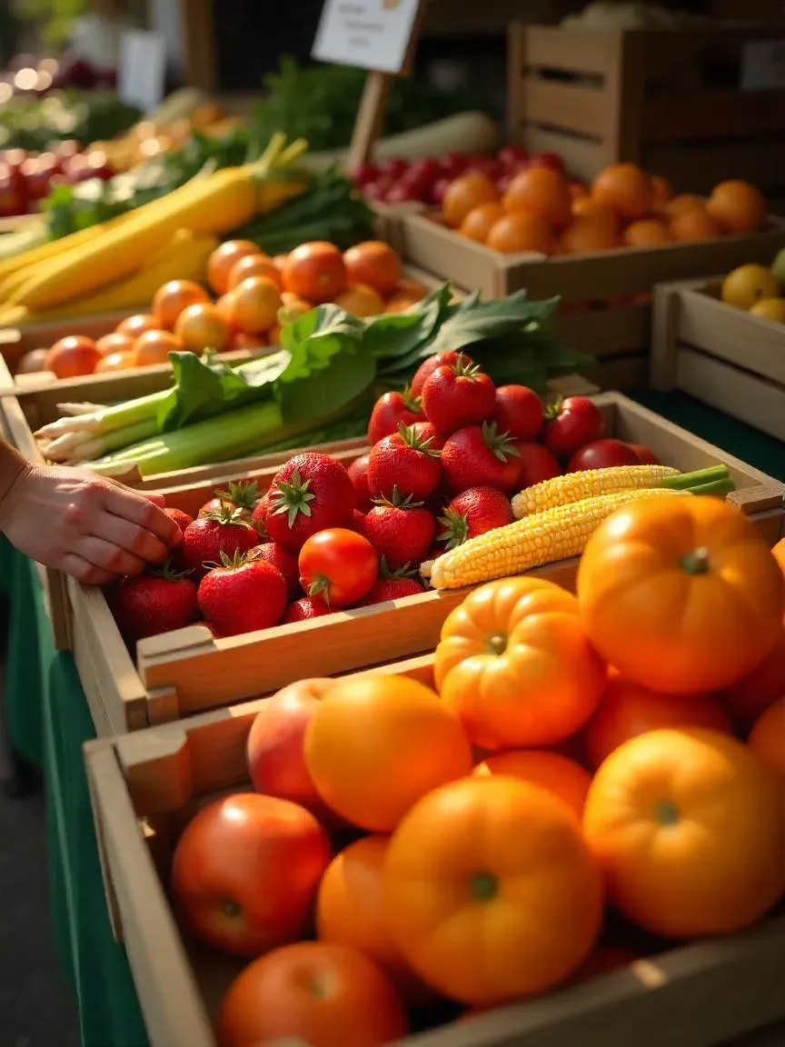 Colorful seasonal produce at a farmers market, featuring fruits and vegetables like asparagus, strawberries, pumpkins, and citrus fruits.