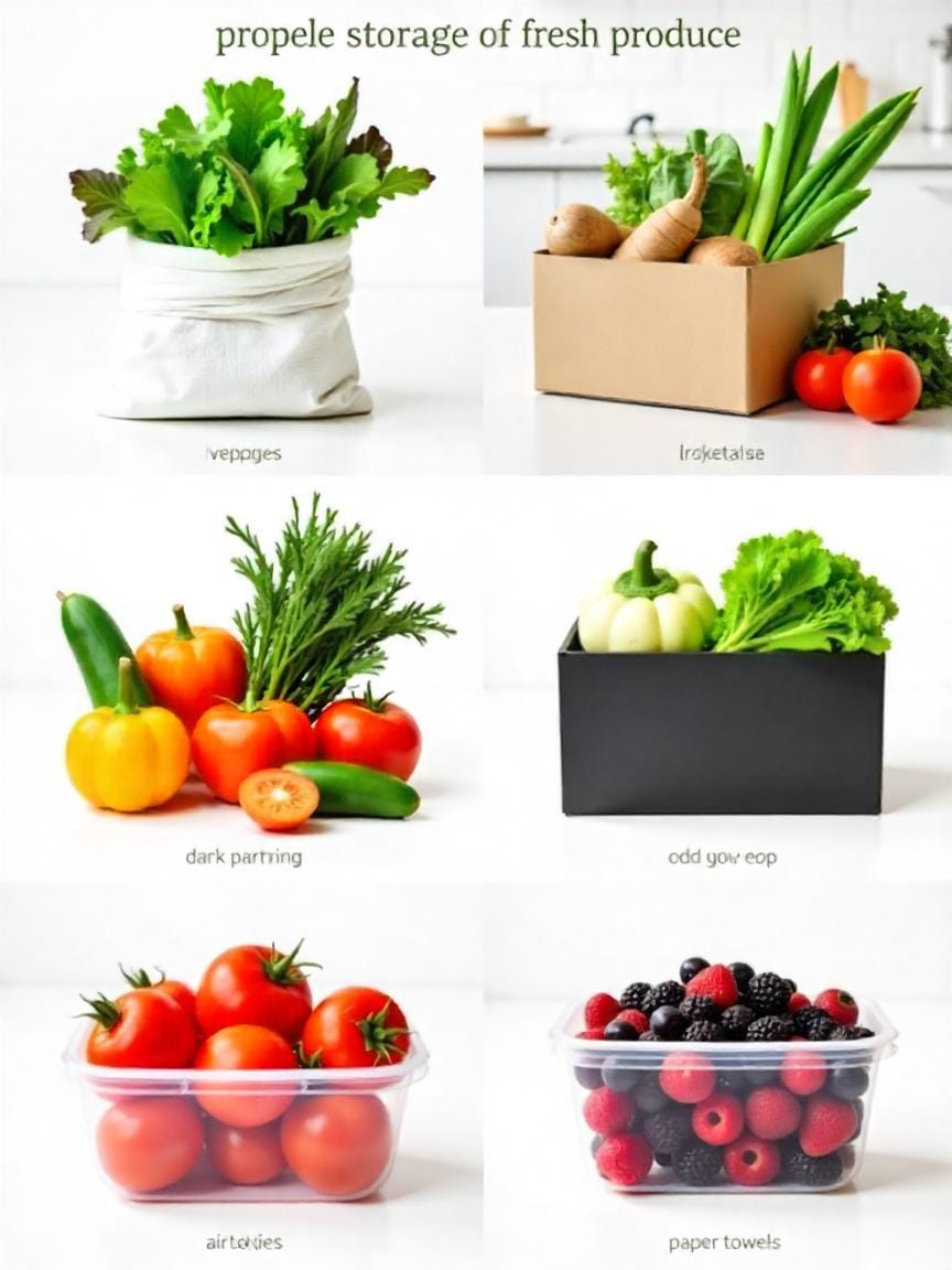Proper storage tips for fresh produce: leafy greens in breathable bags, root vegetables in a dark pantry, tomatoes on the counter, and berries in containers.

