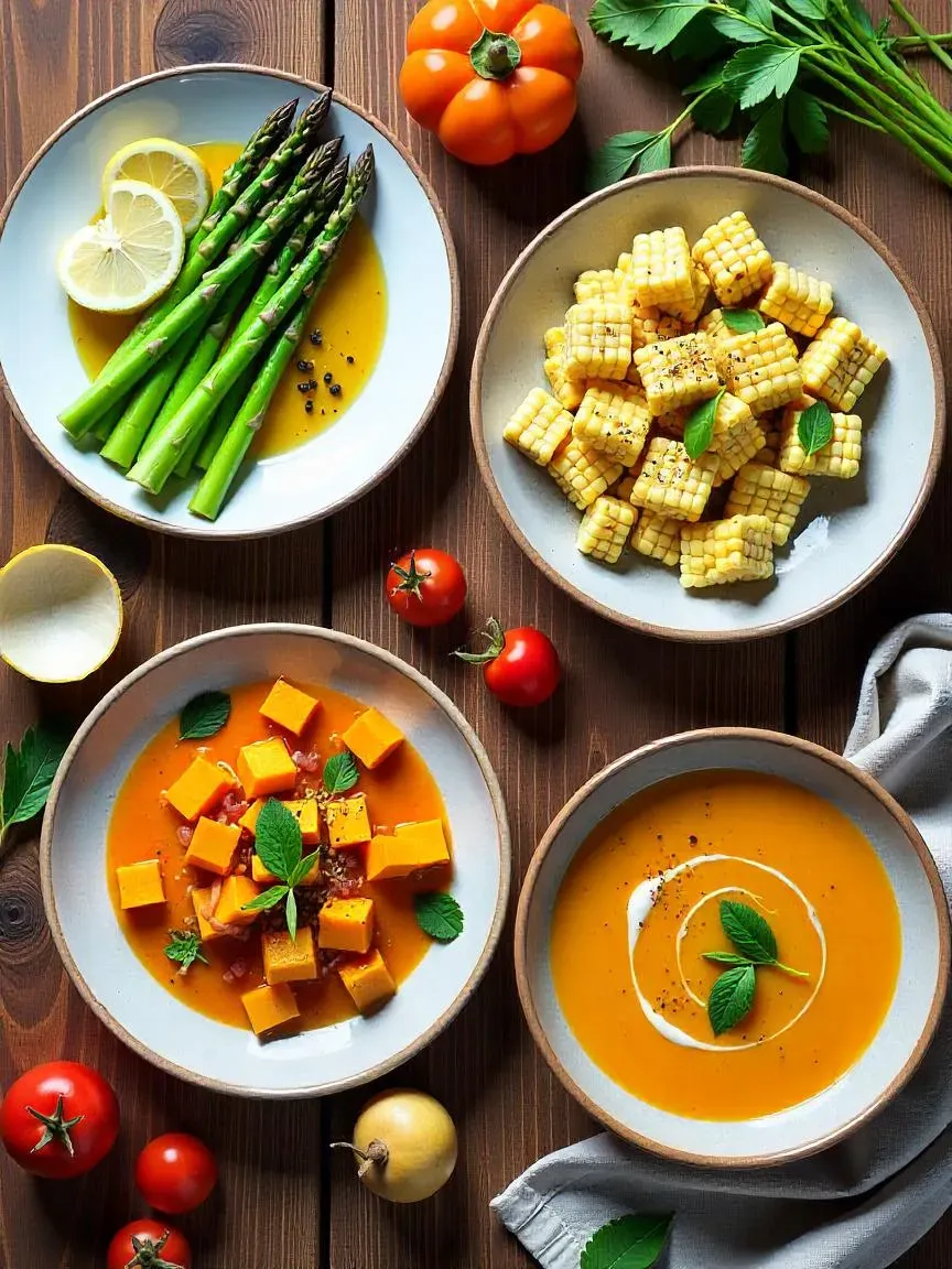Seasonal recipes including spring asparagus, summer grilled corn, autumn squash, and winter root vegetable soup on a rustic table.

