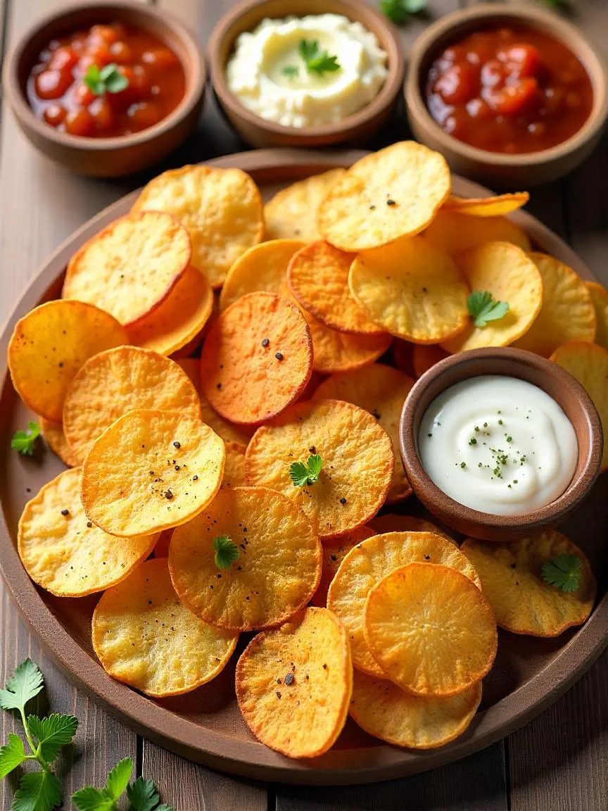 Assorted seasoned homemade potato chips with dips and herb garnish, displayed on a rustic table.