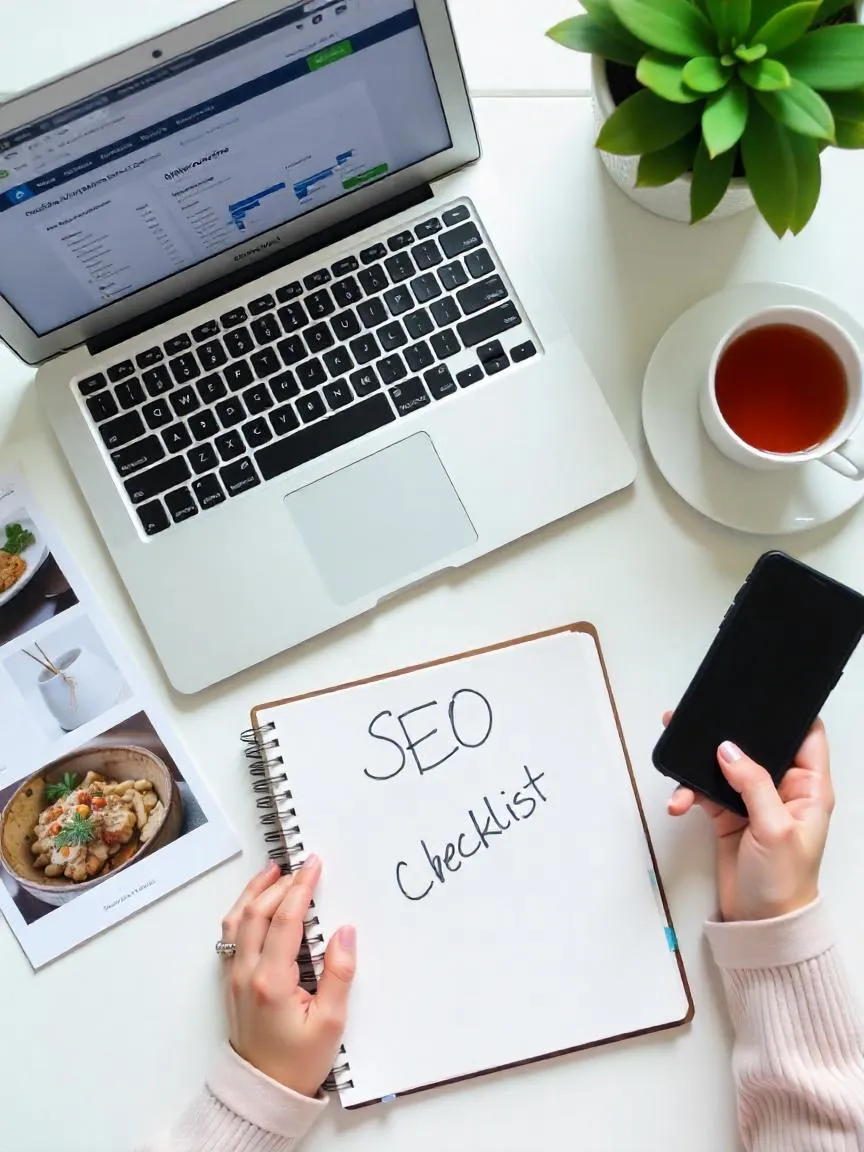 Flat lay of a blogger’s desk with an SEO dashboard on a laptop, SEO notes, and blog content planning tools.