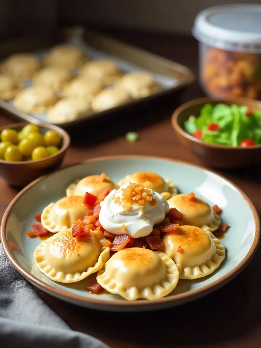A plate of freshly cooked Polish pierogies garnished with herbs and served with sour cream, alongside a storage container filled with uncooked pierogies.