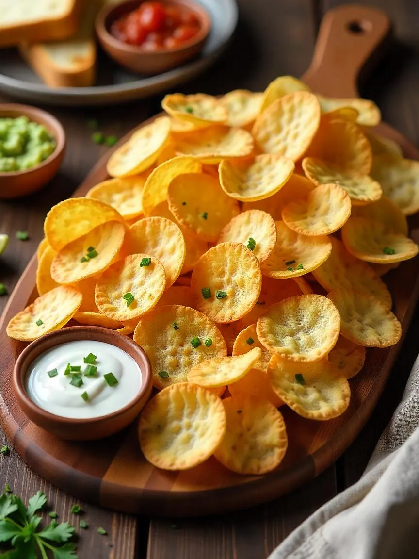 A large platter of homemade potato chips with dips, herbs, and sides, served for sharing in a cozy setting.