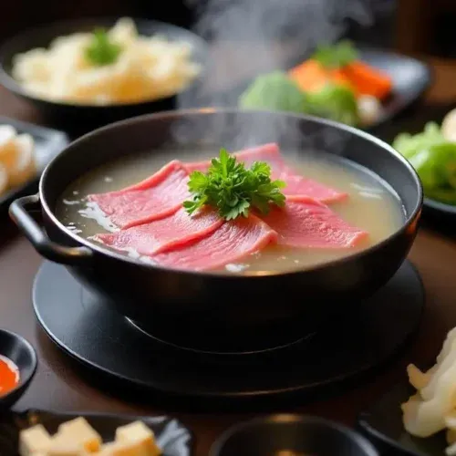 A steaming hot pot of shabu shabu with thinly sliced beef, fresh vegetables, tofu, and noodles arranged around the pot, ready to be cooked and enjoyed.