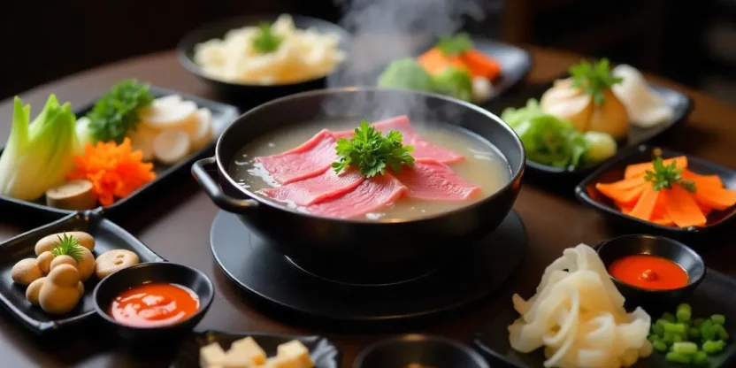A steaming hot pot of shabu shabu with thinly sliced beef, fresh vegetables, tofu, and noodles arranged around the pot, ready to be cooked and enjoyed.