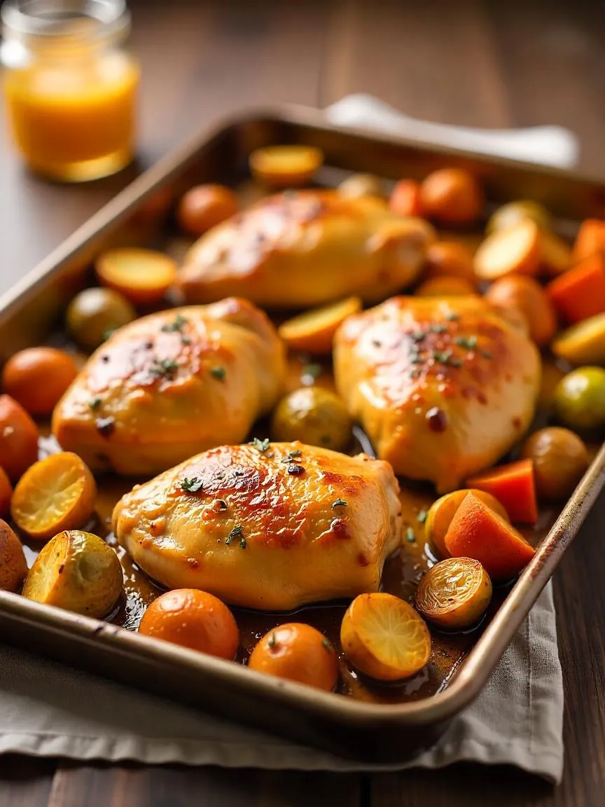 Sheet pan with honey mustard chicken and roasted vegetables including carrots, potatoes, and Brussels sprouts, fresh from the oven. 