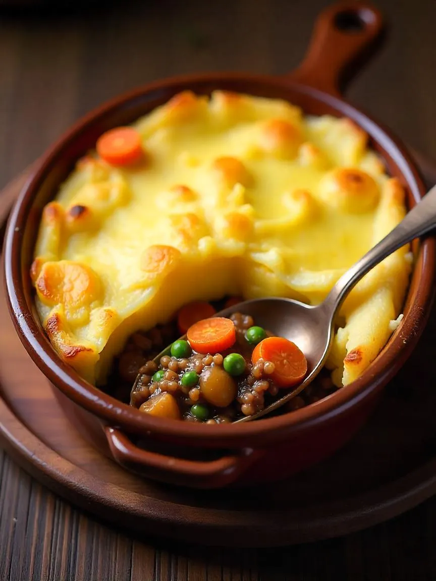 Shepherd’s Pie with golden mashed potato topping and minced lamb filling with carrots, peas, and gravy in a rustic baking dish.

