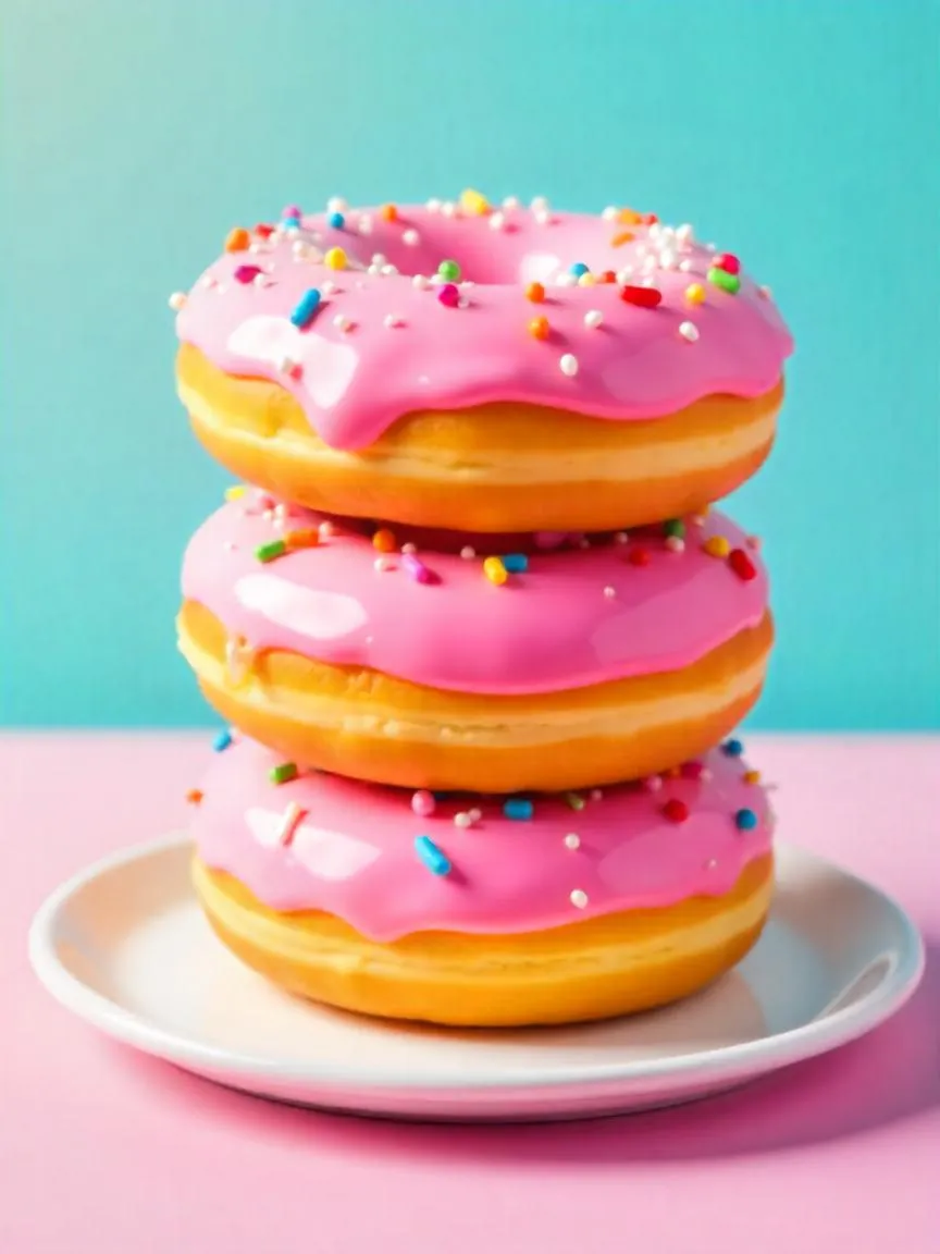 Stack of Simpsons-style pink glazed donuts with rainbow sprinkles on a white plate with a colorful cartoon background.

