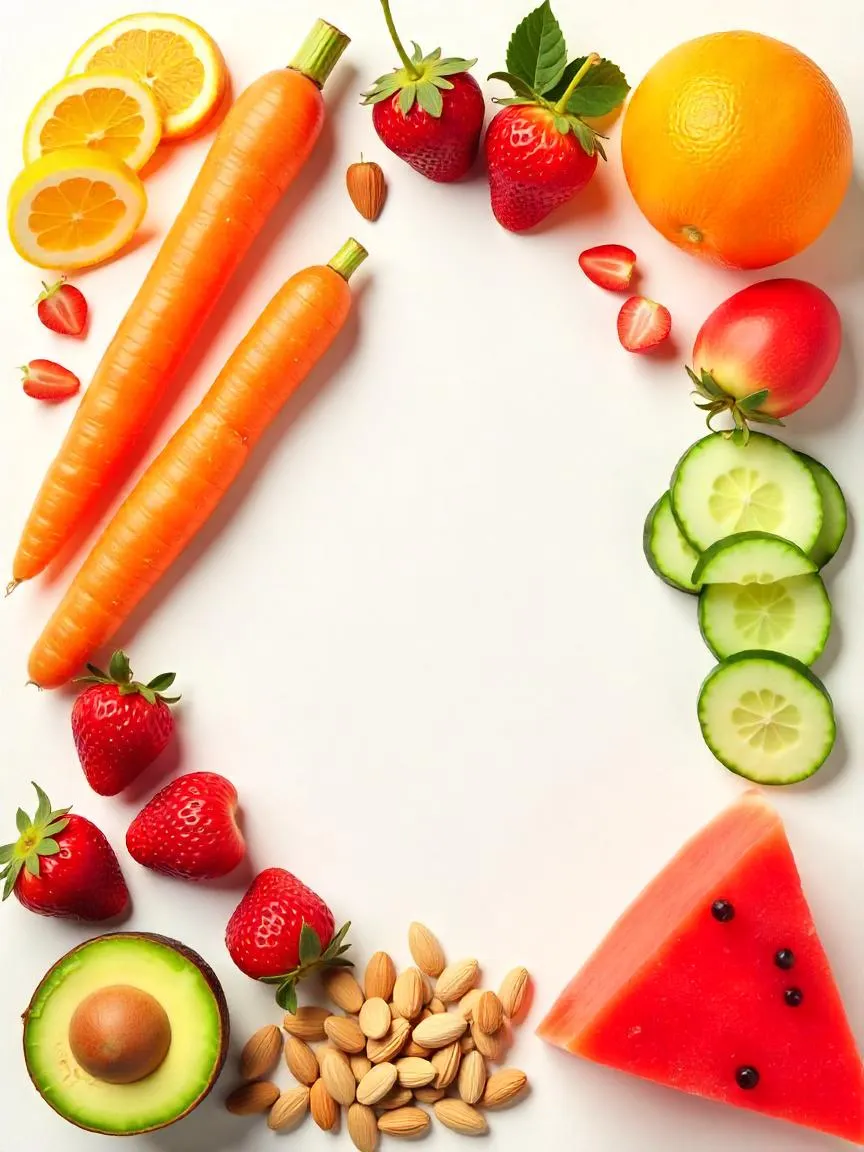 A flat lay of nutrient-rich foods for healthy skin, including carrots, citrus fruits, strawberries, avocado, almonds, pumpkin seeds, cucumbers, and watermelon. 