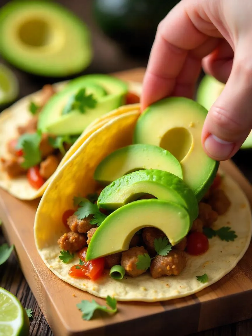 Sliced avocado being added to tacos filled with meat, salsa, and cilantro on a rustic wooden table.

