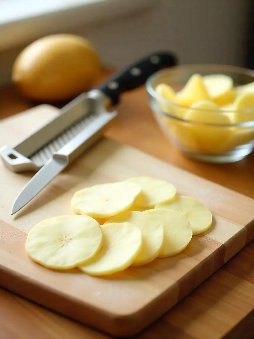 Thin potato slices on a board with a mandoline and knife, next to a bowl of slices soaking in water.