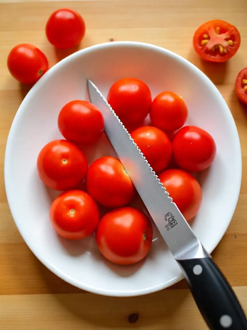 Cherry tomatoes being sliced all at once between two plates using a serrated knife on a kitchen counter.