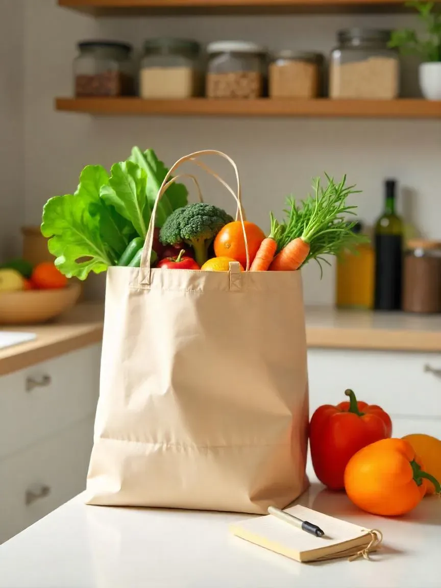 A reusable shopping bag with colorful fresh produce and a grocery list surrounded by grains, legumes, and pantry staples on a clean kitchen counter.