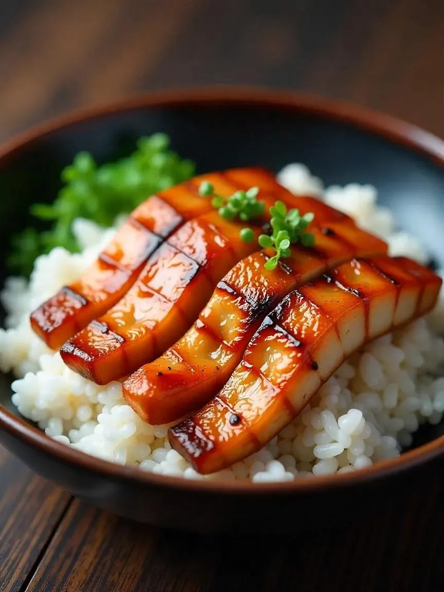 Authentic Japanese dish of grilled eel on rice, beautifully presented with tare sauce and traditional side elements like miso soup and pickled vegetables.